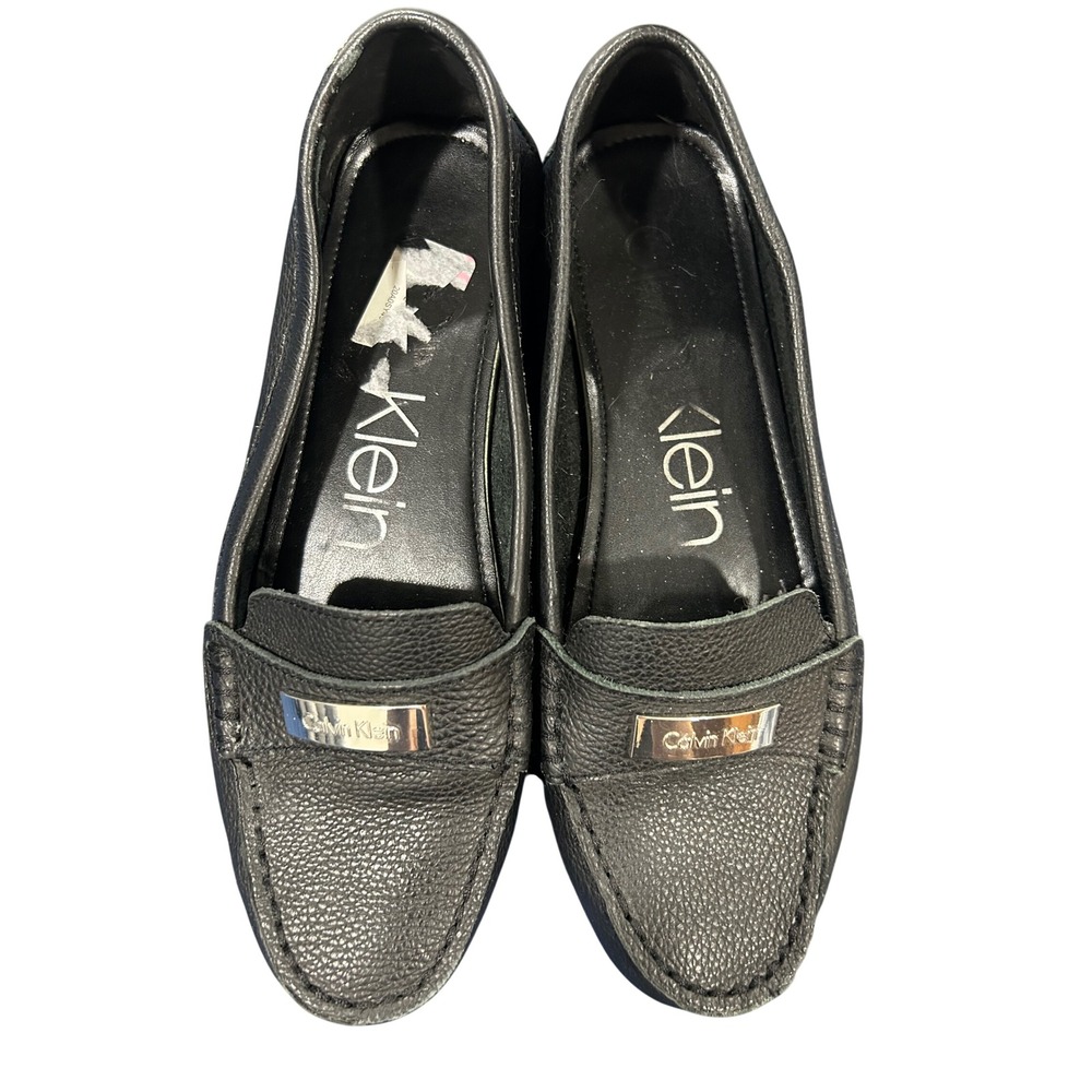 Calvin Klein Lavida Black Pebbled Leather Loafers Driving Mocs Logo Plaque Sz 9
